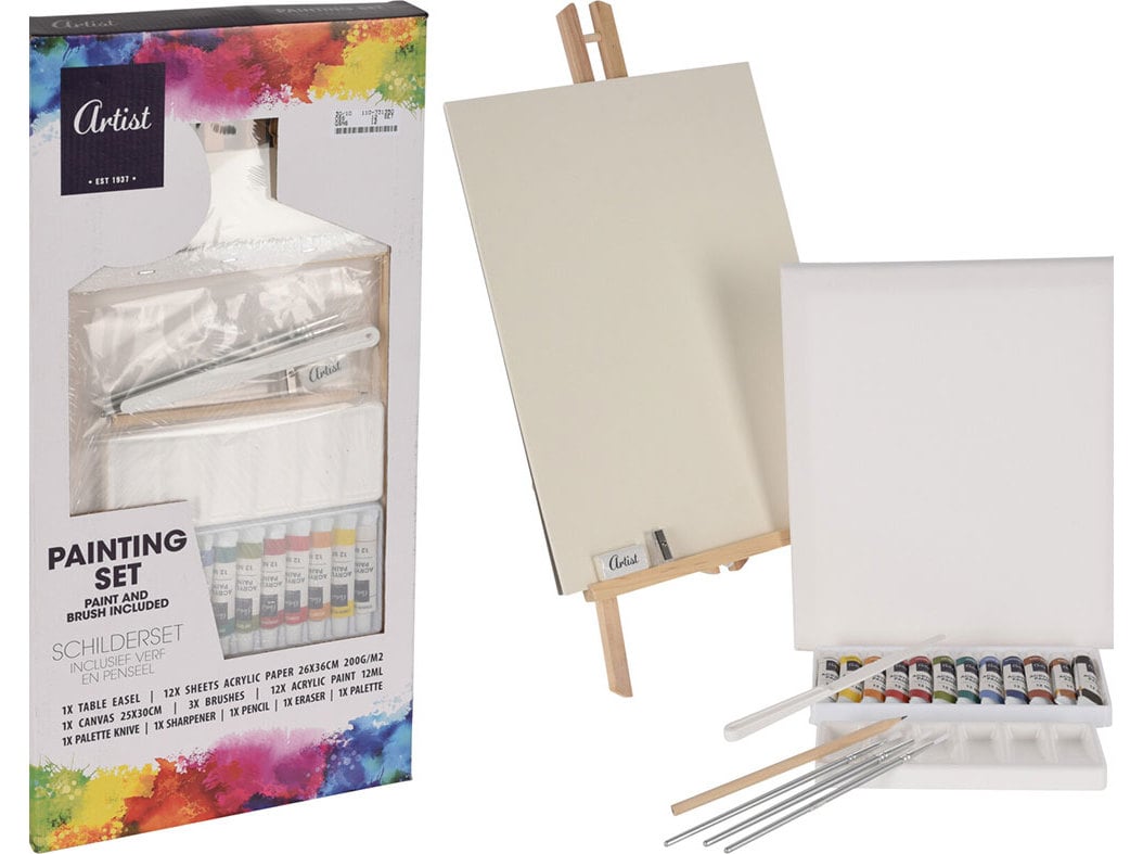 CONJUNTO DE PINTURA PINHO COM TELA E CAVALETE 23 PEÇAS