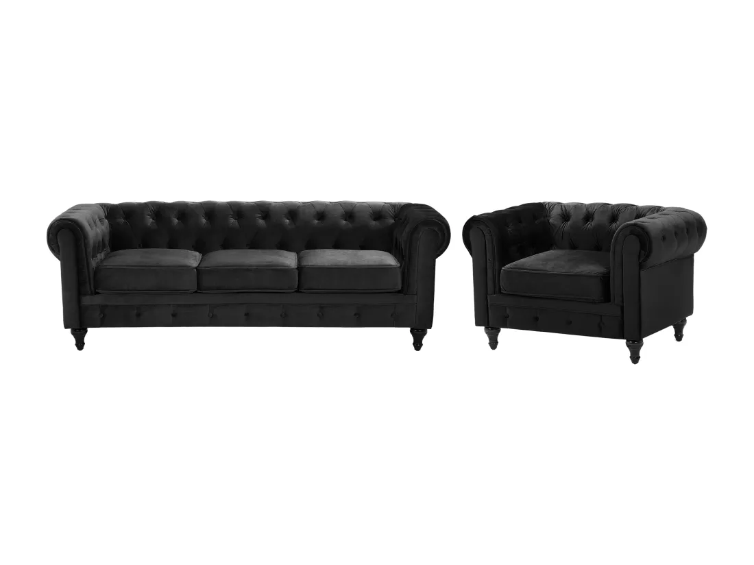 Ensemble canapé et fauteuil en velours noir 4 places CHESTERFIELD