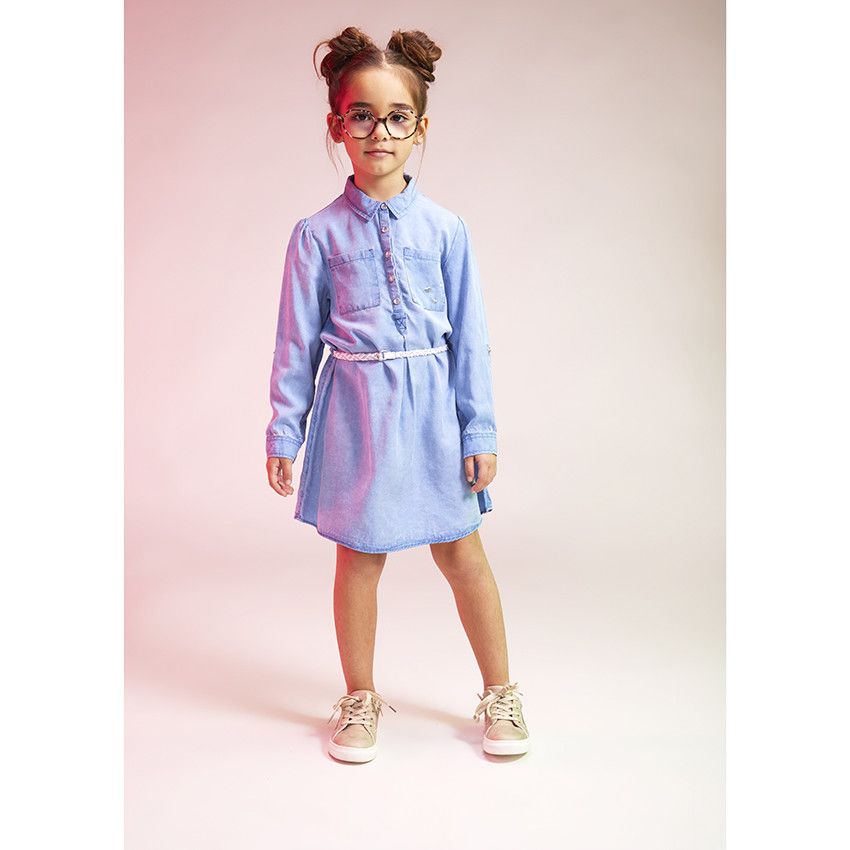 Robe manches longues en lyocell avec ceinture tressée pour fille - Bleu