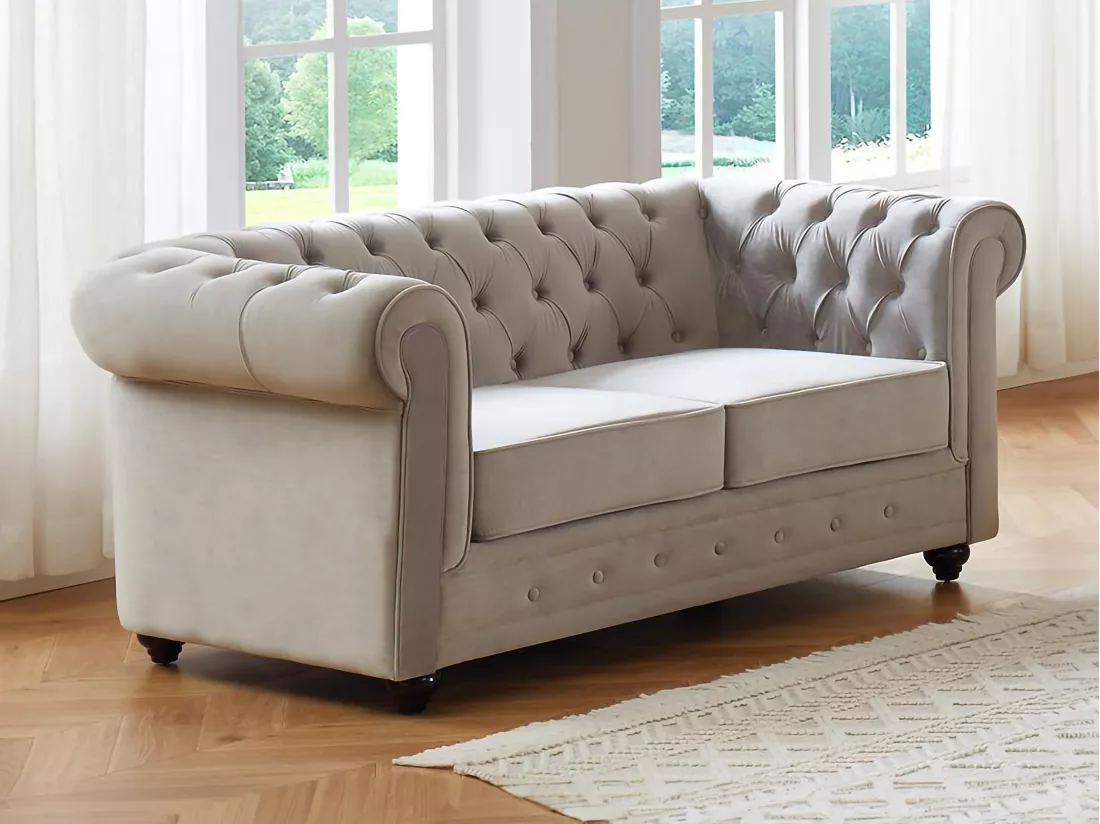 Canapé 2 places CHESTERFIELD - Velours gris clair