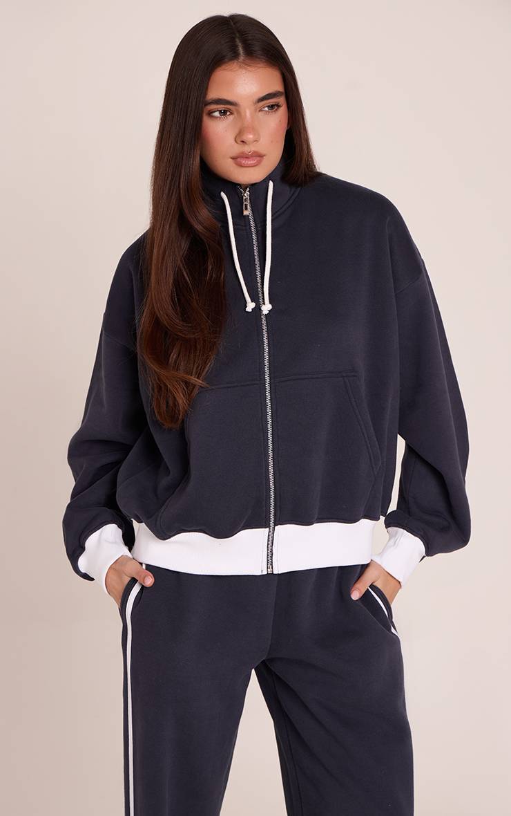 Bleu Marine Sweat-shirt En Molleton De Coton À Fermeture Éclair Quart Avec Onglet PLT Et Détails Contrastés