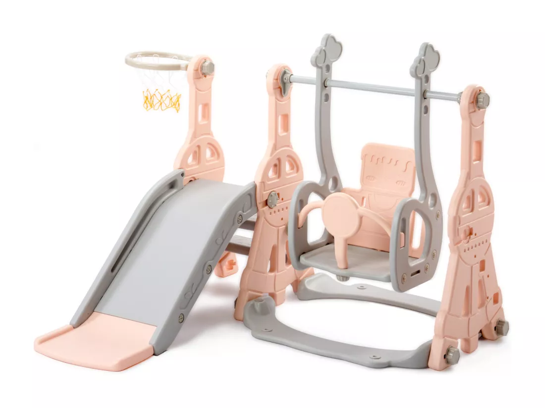 Toboggan pour enfants 4 en 1 avec support de basket, échelle d'escalade, balançoire de jardin,Rose+Gris