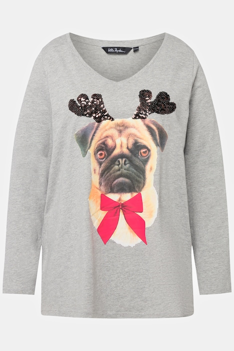 Shirt, Weihnachtshund, A-Linie, V-Ausschnitt, Langarm