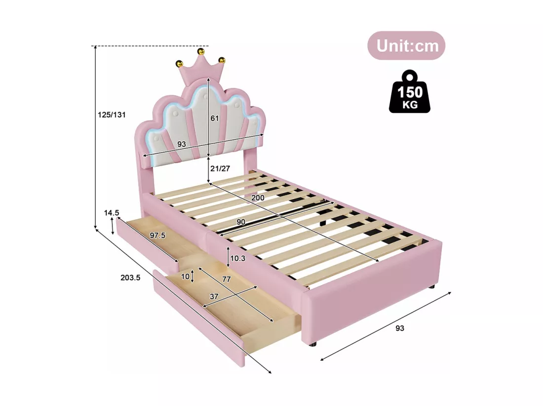 Lit de princesse Lit avec tiroir 90x200 éclairage dambiance télécommandé 2 tiroirs lit princesse en forme de couronne tête de lit réglable PU Rose