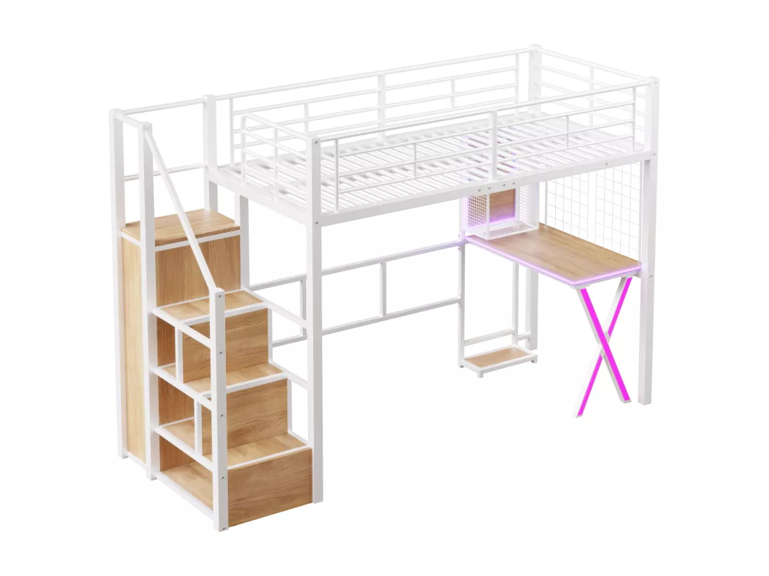Lit mezzanine 90 x 200 cm avec bureau, penderie, étagères - Lumière d'ambiance - Métal - Blanc (sans matelas)