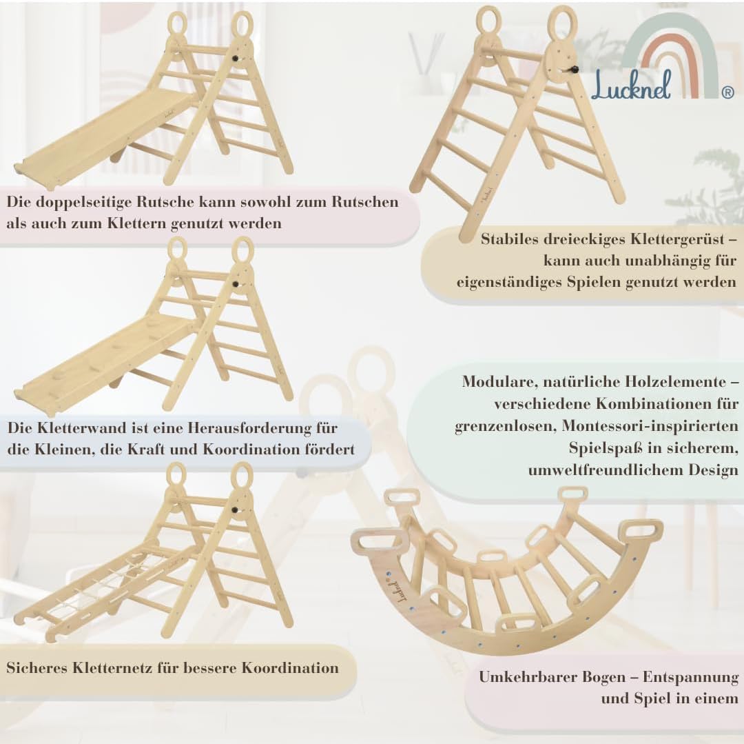 5-in-1 Montessori Klettergerüst Indoor Set – Pikler Dreieck, Kletterbogen, Kletternetz und Indoor Rutsche mit doppelseitiger Rampe – Indoor Spielplatz ab 1 Jahr, naturbelassenes Holz