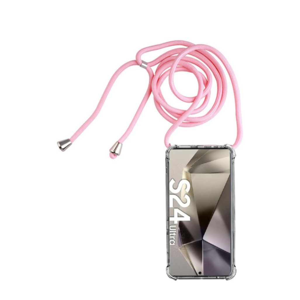 Samsung Galaxy S24 Ultra Necklace Gummi Hülle Air Cushion Fallschutz   Handykette (150cm) - Pink / Silber