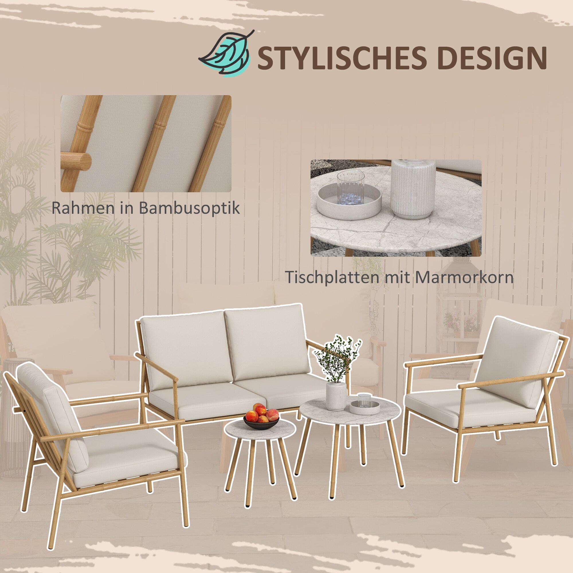 Outsunny Sitzgruppe mit Sitzkissen weiß 122L x 78B x 83H cm