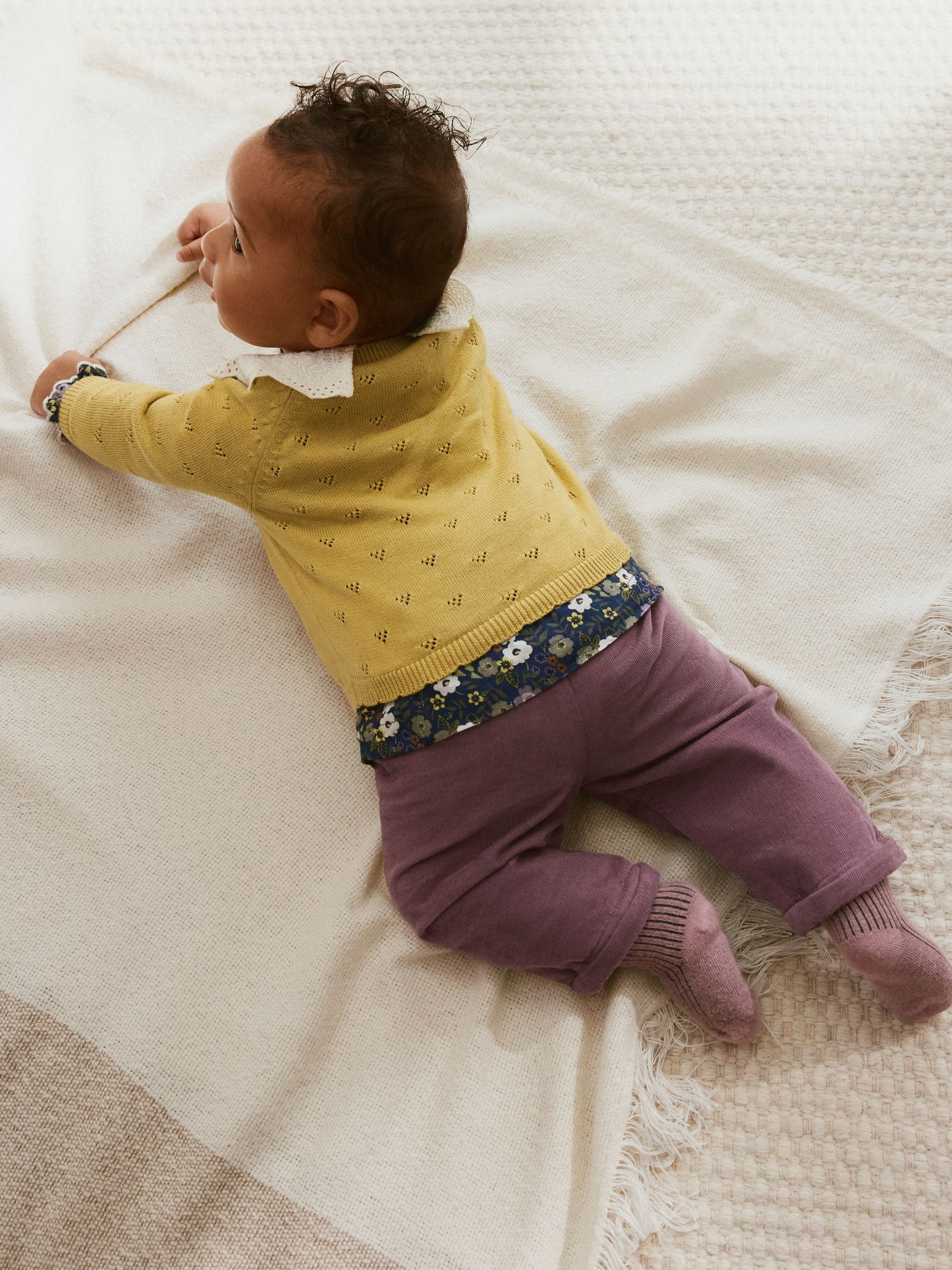 Geel/marineblauw met fijne print/paars - Knitted Cardigan, Long Sleeve Top and Cord Trouses Baby 3 Piece Set (0mths-2yrs)