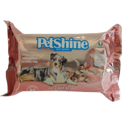Lenços umedecidos higiênicos para cães e gatos com aloe vera e aroma de talco.