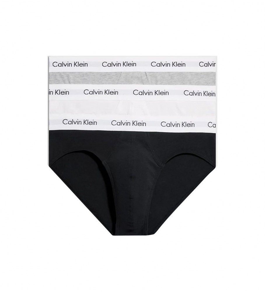 Conjunto de 3 camisolas Calvin Klein em algodão elástico nas cores cinza, branco e preto.