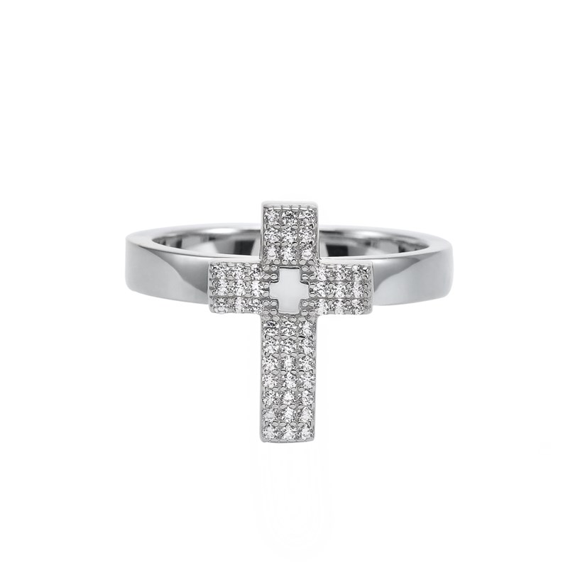 Bague Argent Rhodié Croix Sertie De Zirconium