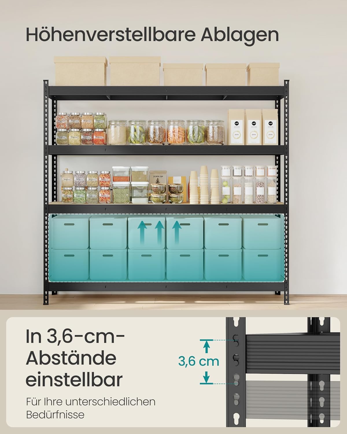 SONGMICS Schwerlastregal, Standregal, 4 Ablagen aus 8 mm dickem MDF, Lagerregal, Aufbewahrungsregal, bis 2000 kg belastbar, Keller, Garage, Lagerraum, tintenschwarz, 60 x 200 x 183 cm, GLR728BZ01