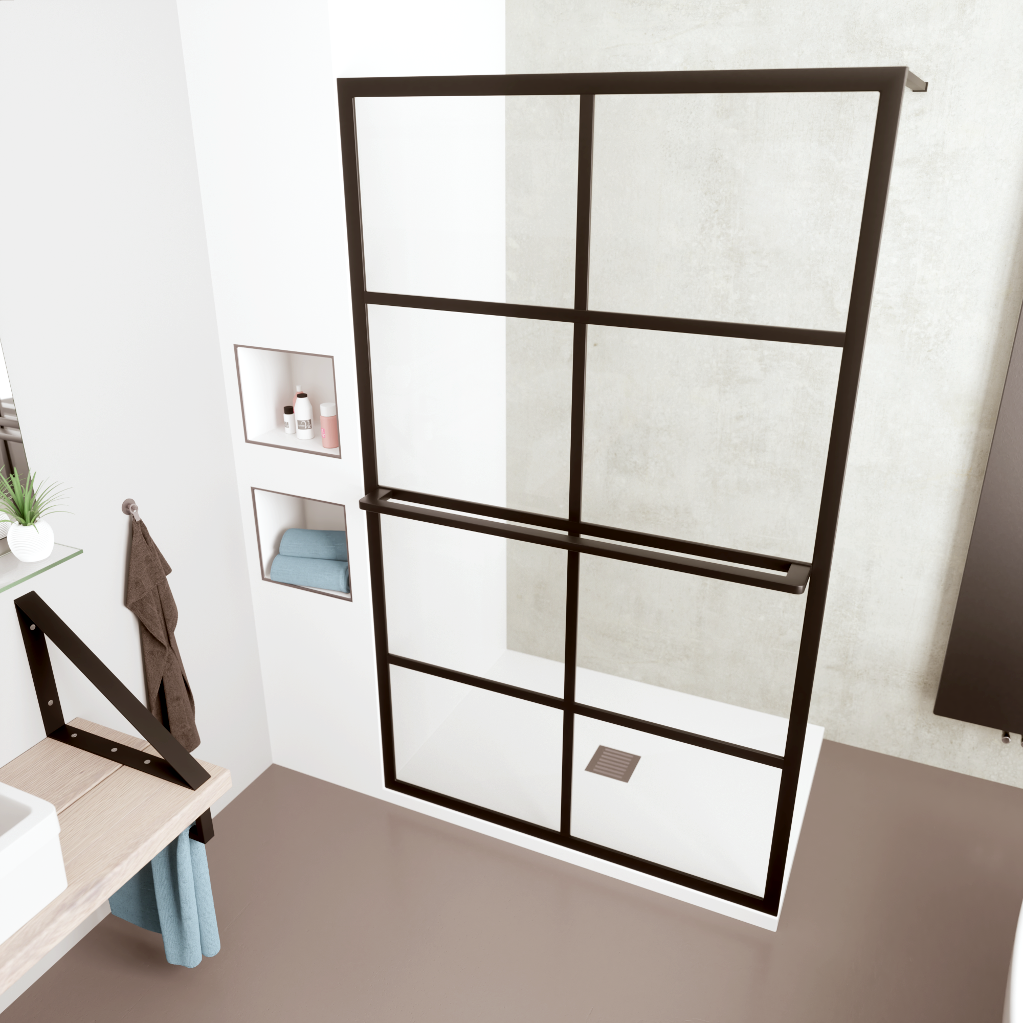 Mueller Black inloopdouche 90x200cm met zwarte profielen en handdoekhouder