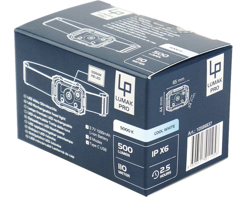 LUMAK PRO LED oplaadbare hoofdlamp Osram P8 500 lm Bereik 110 m Brandduur 2,5 uur met USB-C