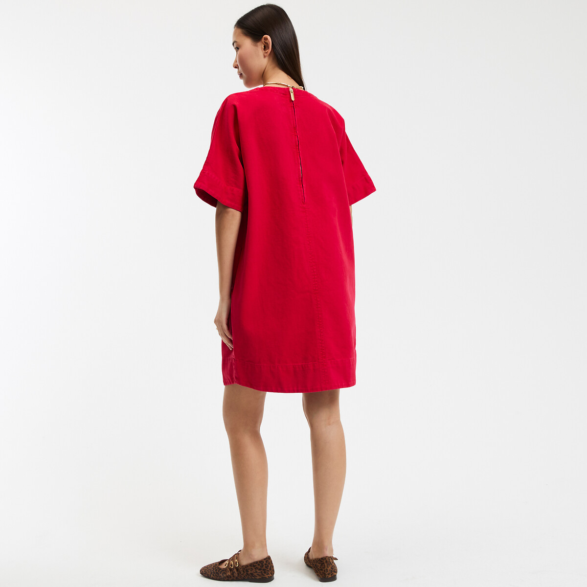 COLEÇÕES LA REDOUTE<br>Vestido evasê, jeans, mangas curtas