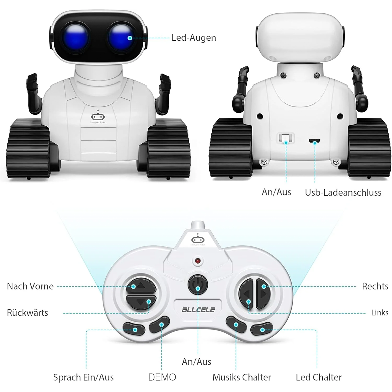 (12x12.5cm) Ferngesteuerter Spiel Roboter Kinder Spielzeug Robot mit LED Augen / Sound Effekten (B09LYQ31T4) - Weiss