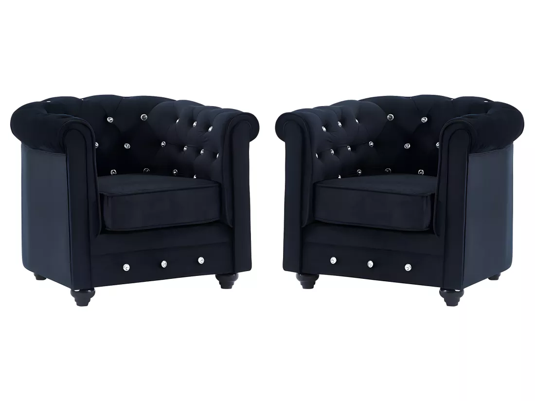 Lot de 2 Fauteuils CHESTERFIELD - Velours noir et boutons effet cristal