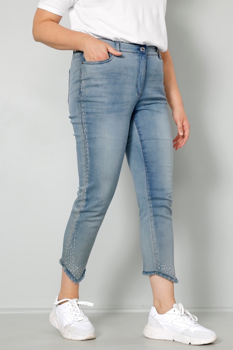 7/8-Jeans, Slim Fit, Ziernieten, Fransensaum, 5-Pocket