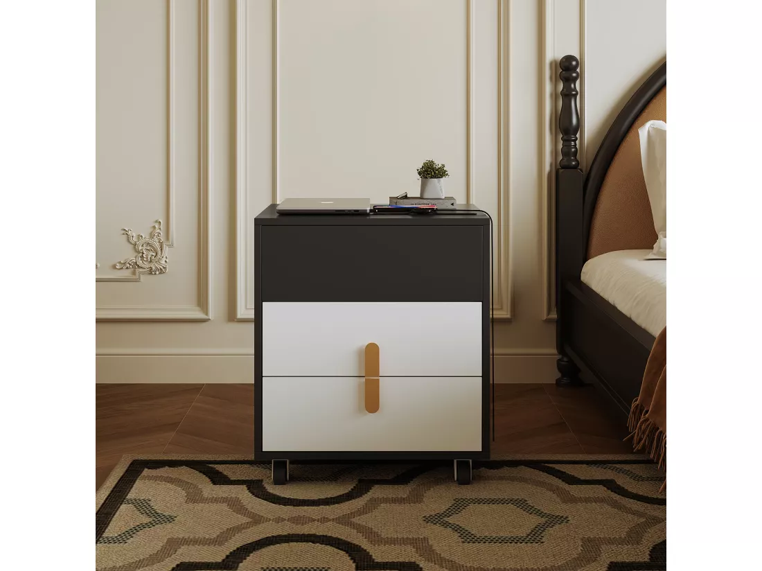 Table de chevet avec 2 tiroirs et plateau relevable - 74 x 40.2 x 71 cm - prise USB et roulettes inclus - Bois MDF - Noir et blanc