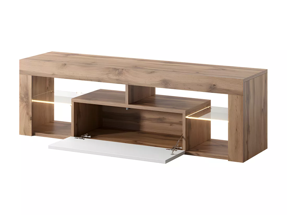 Meuble TV / Banc TV (140 cm, chêne lancaster / blanc brillant, éclairage LED) - BIANKO