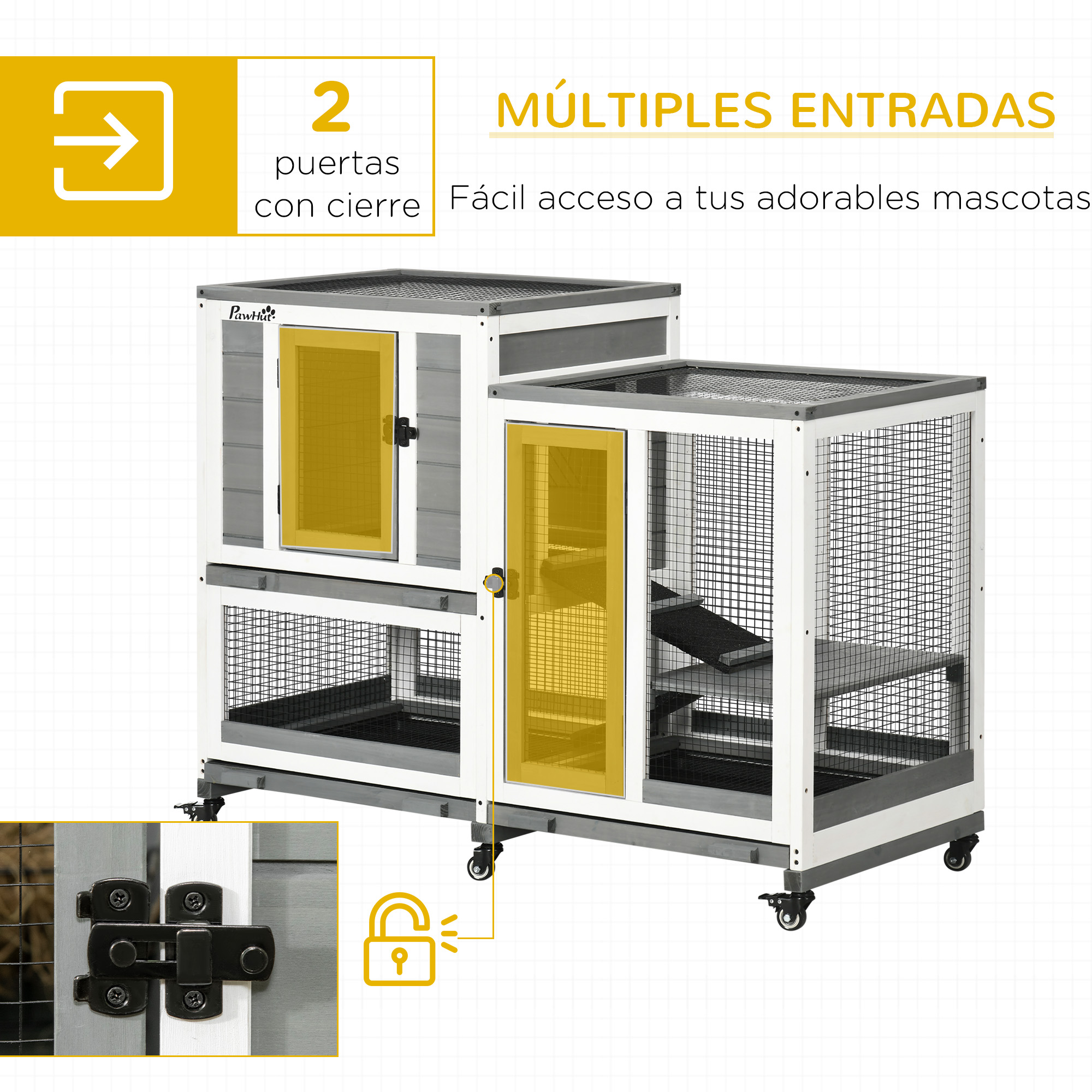 Gaiola de madeira PawHut para coelhos de pequeno porte, com 2 andares, 6 rodas, 2 escadas, 3 bandejas removíveis e área aberta, 110x50x86 cm, cinza.