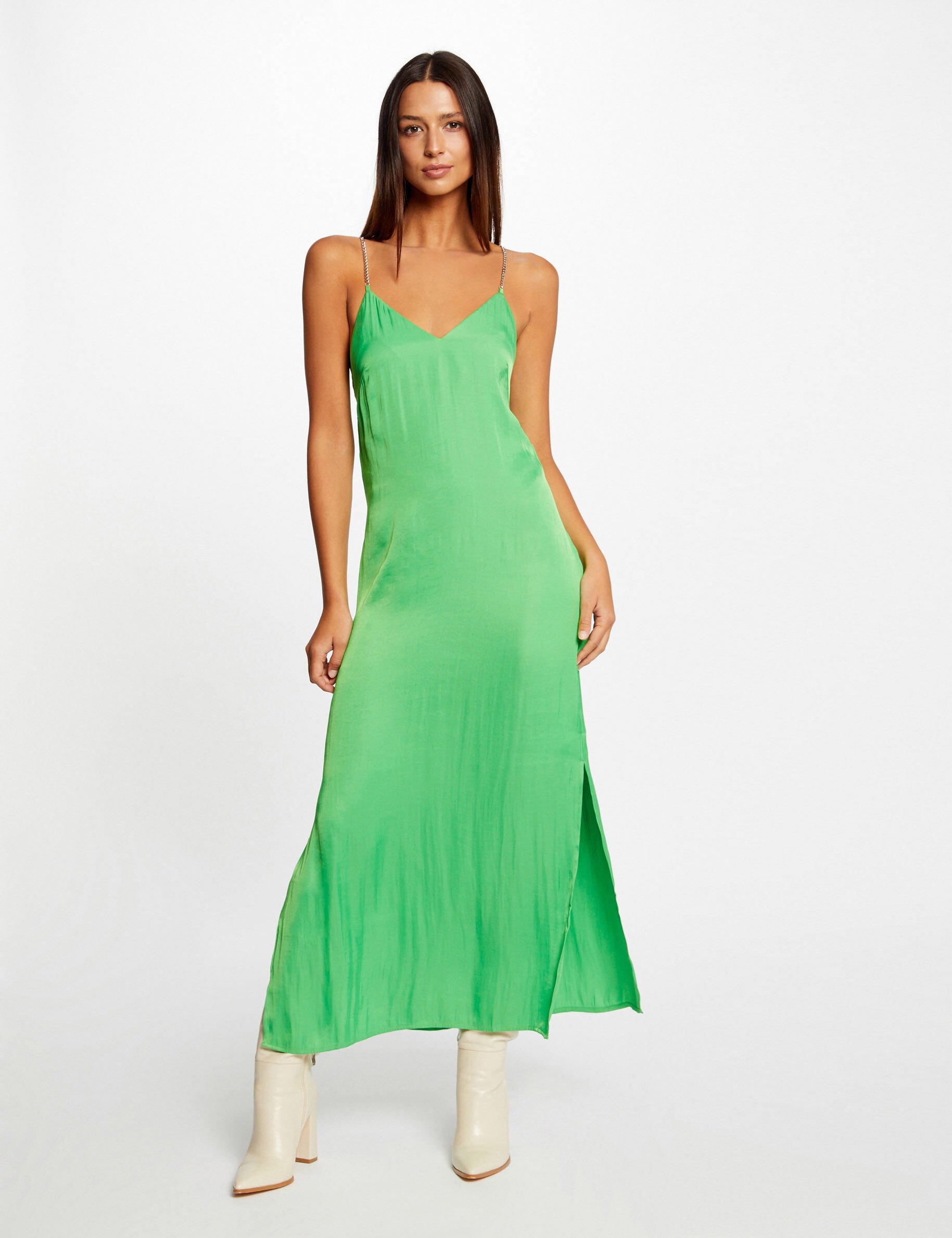 Robe longue évasée fendue satin vert clair femme - vert_clair