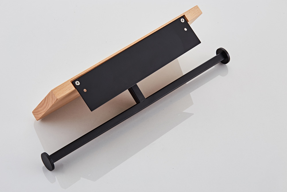 Saniclear Lumber dubbele toilet rolhouder met plank mat zwart walnoothout
