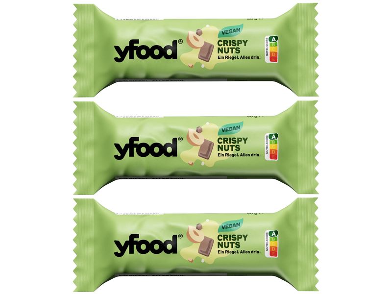 YFOOD Protein Riegel vegan Crispy Nuts 3x 60 g Veganer Protein Riegel