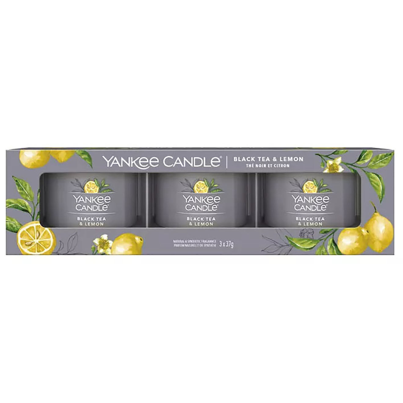 Yankee Candle Coffret 3 Bougies parfumées votives Thé noir et citron Signature - 1 mèche 10h