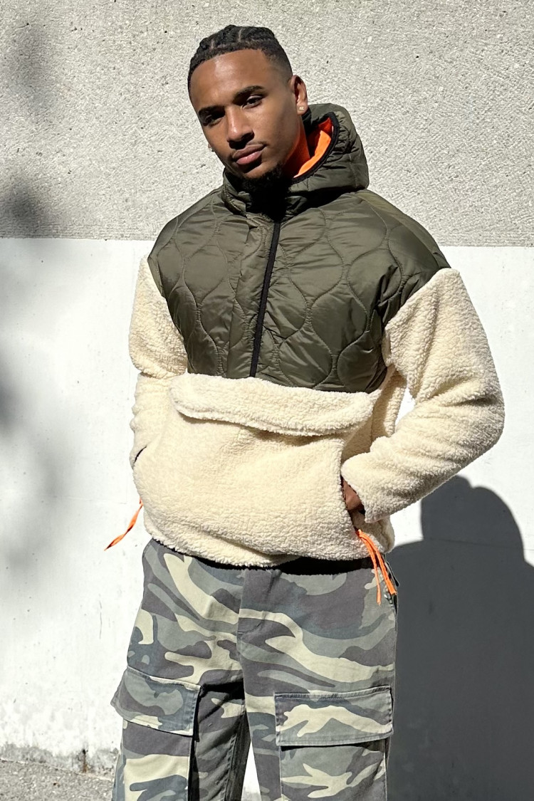 Sweat bi-matière en peau de moutons kaki/beige
