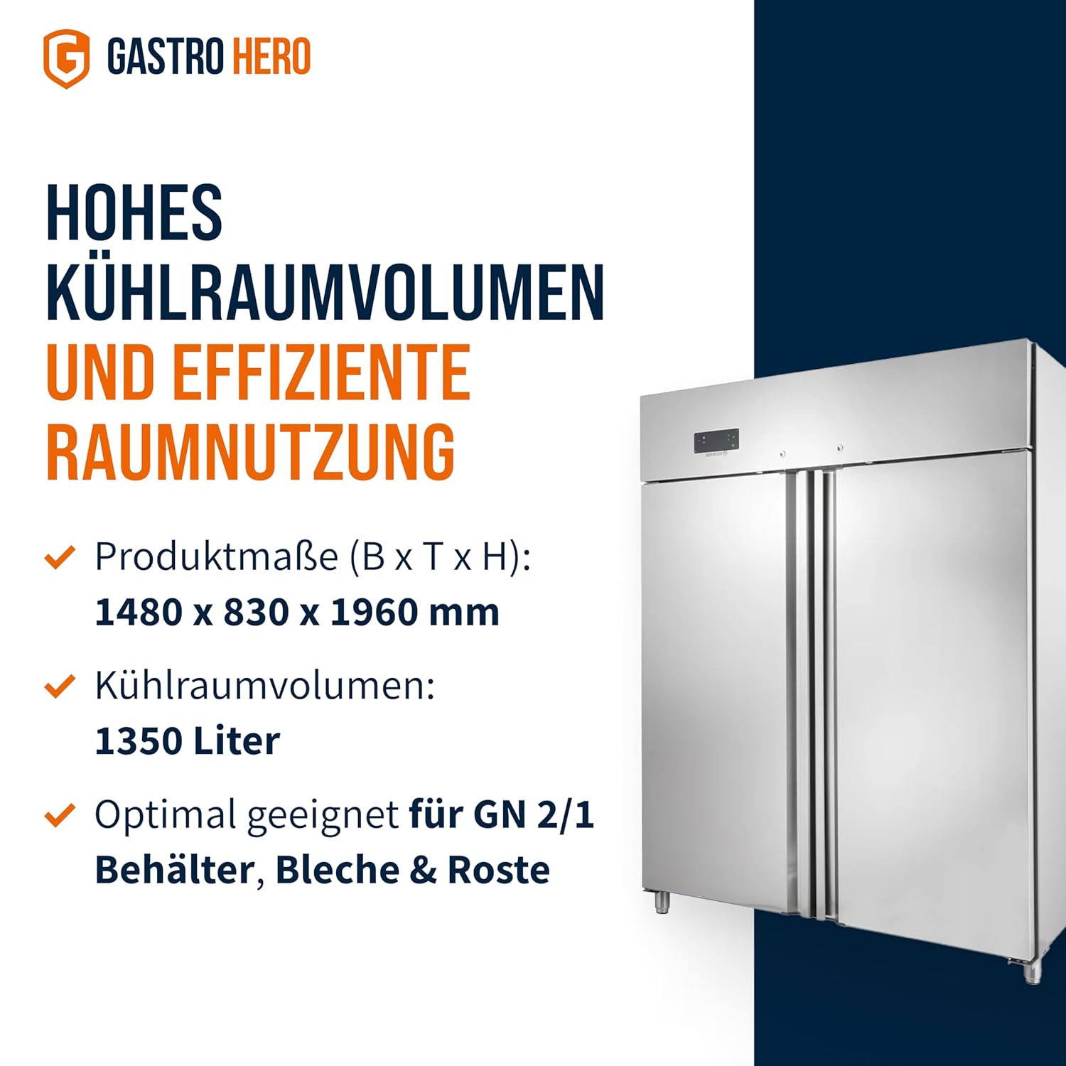 ECO 1300 GN 2/1 Monoblock Gastronomie Kühlschrank Gastronomiebedarf, 1350 Liter, Großvolumiger freistehender Gewerbekühlschrank, Energiesparend, Robuste Bauweise