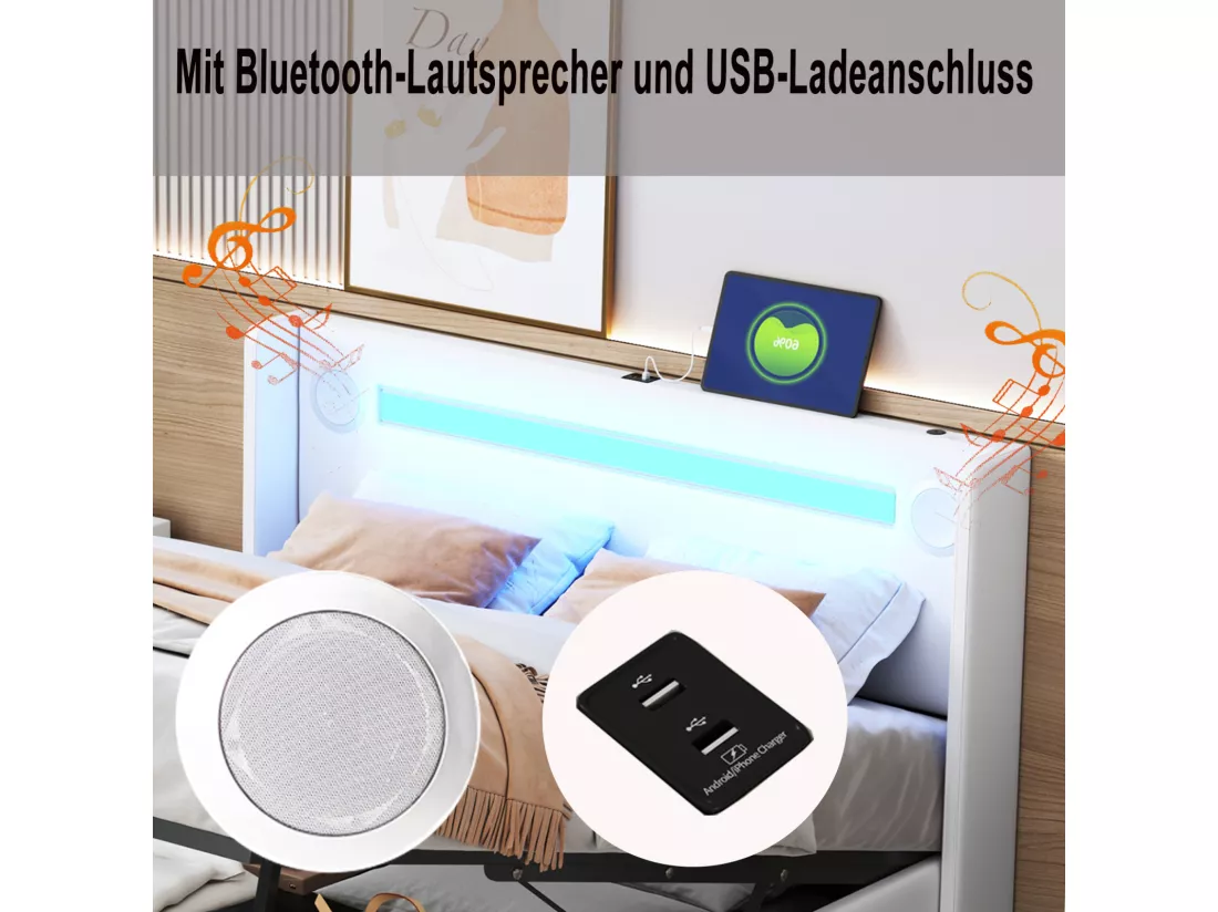 Lit coffre 140x200cm - Lit double avec sommier à lattes, tête de lit LED avec Bluetooth et port USB - en cuir PU Blanc