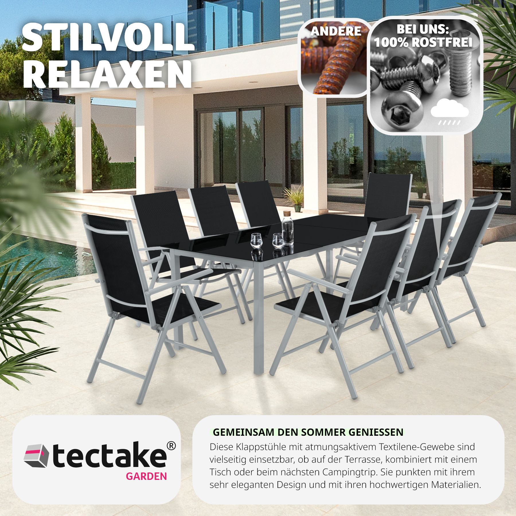 tectake® 8er Set Gartenstuhl, klappbar, 7-fach verstellbare Rückenlehne, 67 x 56 x 105 cm