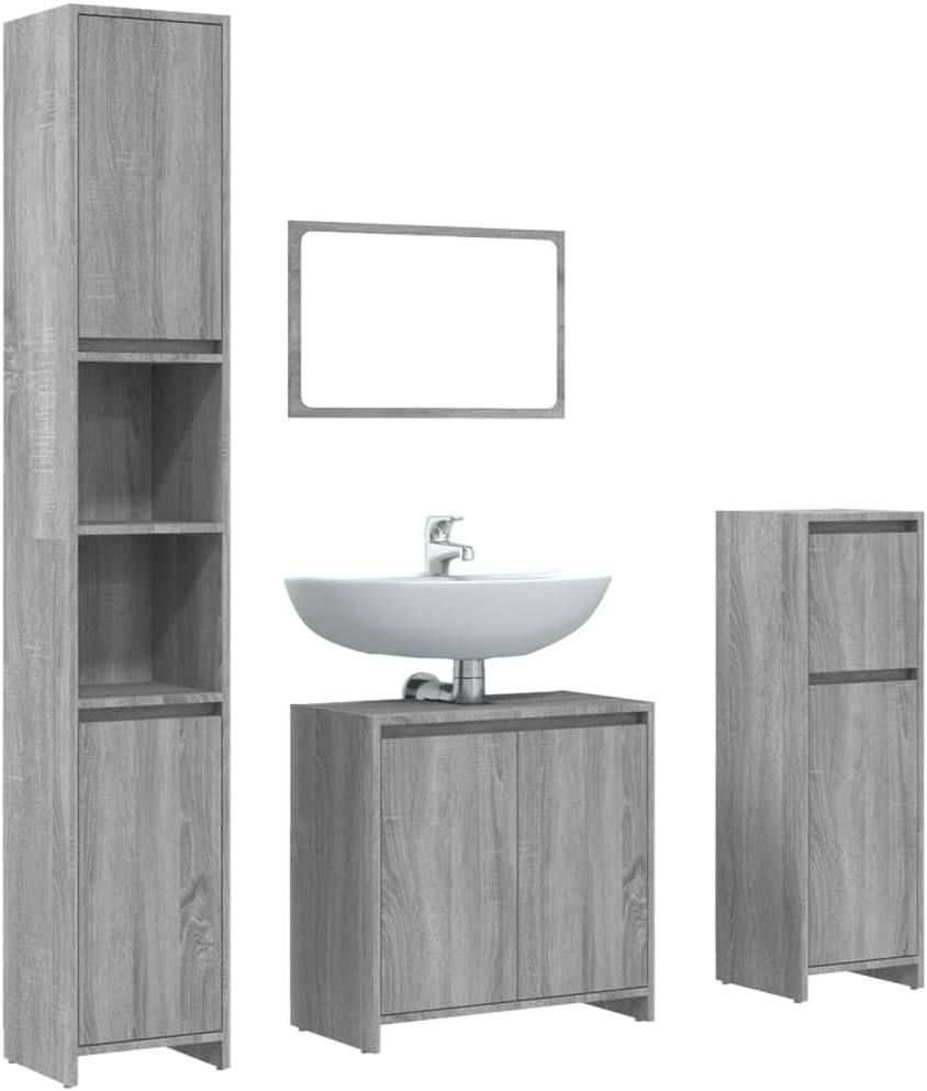 vidaXL 4-TLG. Badmöbel-Set Grau Sonoma Holzwerkstoff, Badezimmermöbel, Badmöbel Set, Badschrank, Badmöbel, Badezimmer Möbel, Badschrank Set