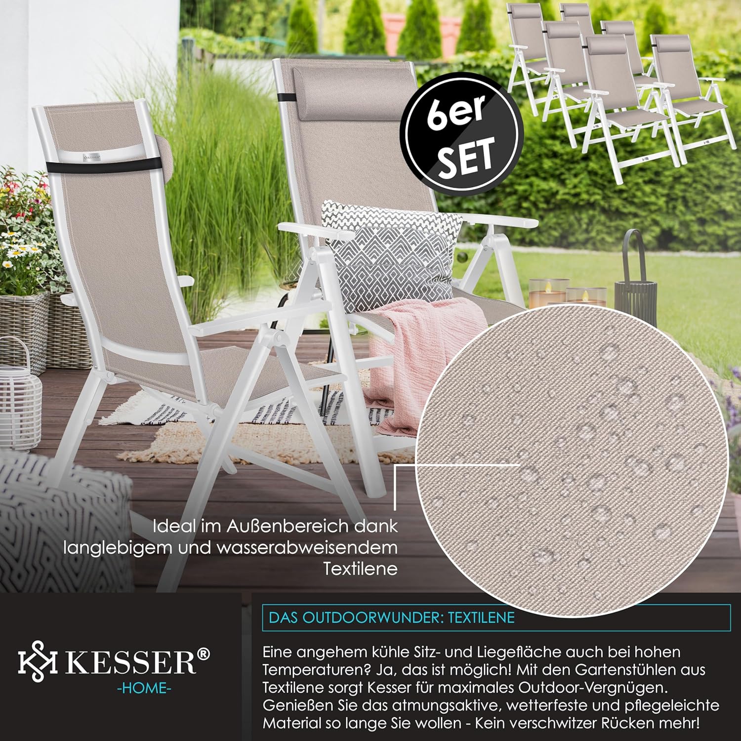 KESSER® Gartenstuhl Hochlehner mit Armlehnen 6er Set Aluminium Klappstuhl mit Kopfkissen & Abdeckung Campingstuhl 7-Fach Verstellbar Rückenlehne Atmungsaktiv Wetterfest Klappbar Anti-Rutsch, Taupe