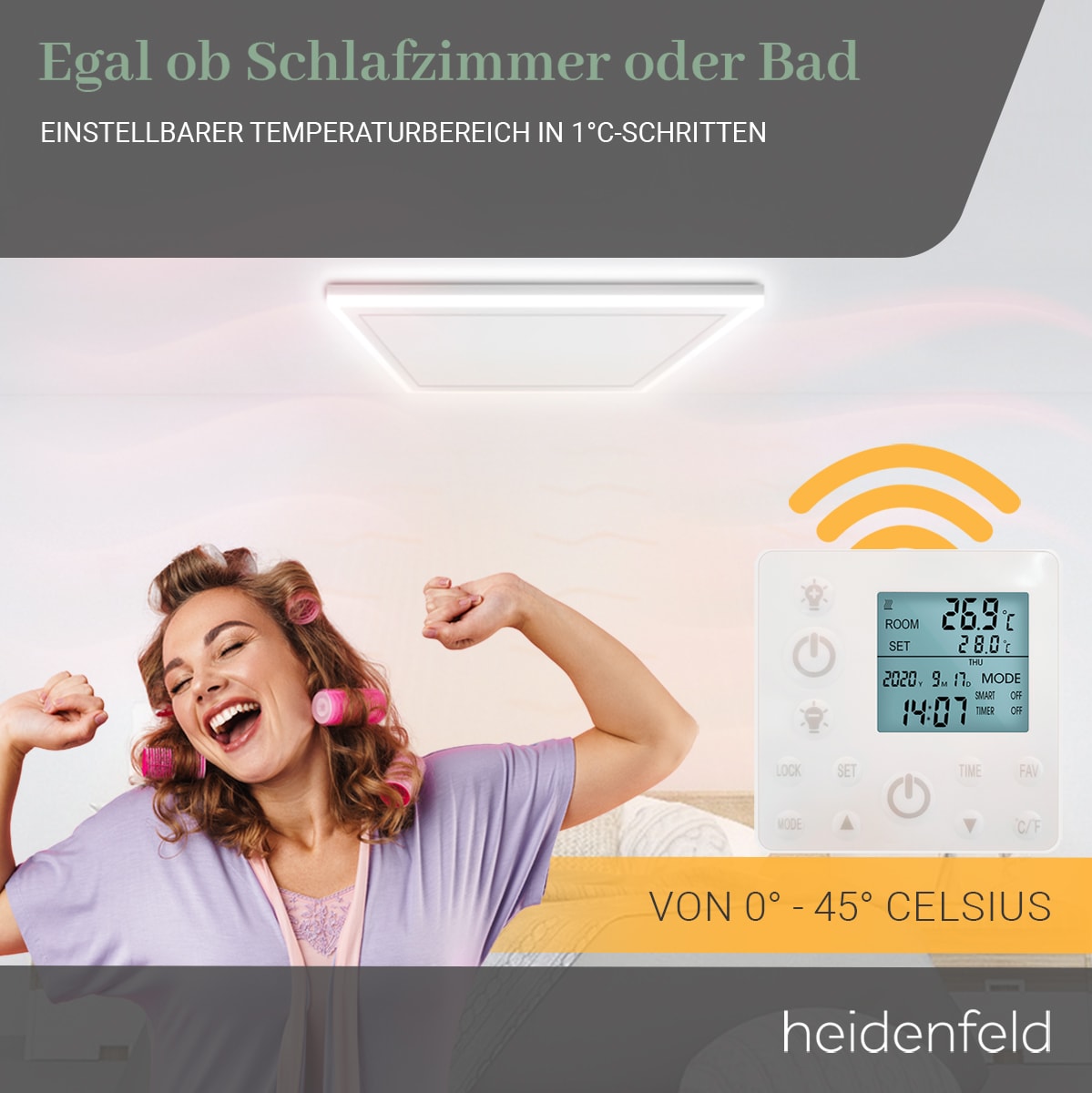 Heidenfeld Infrarot-Deckenheizung HF-HP500 mit Licht, 390-800Watt, 3-20m², Fernbedienung, LED-Rahmen (800 Watt, Warmweiß)