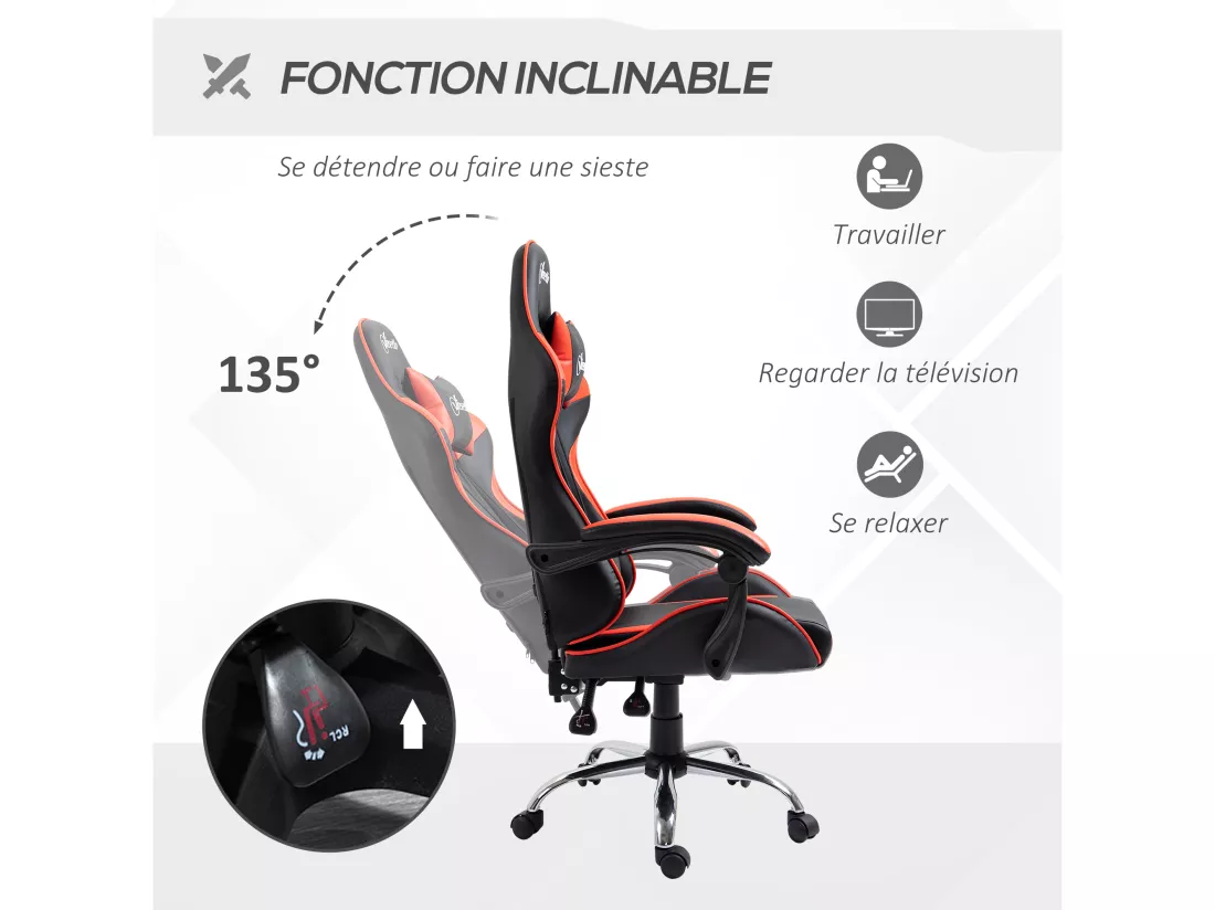 Fauteuil de bureau gamer style baquet racing - pivotant, inclinable - coussins tétière et lombaires inclus - revêtement PU rouge noir