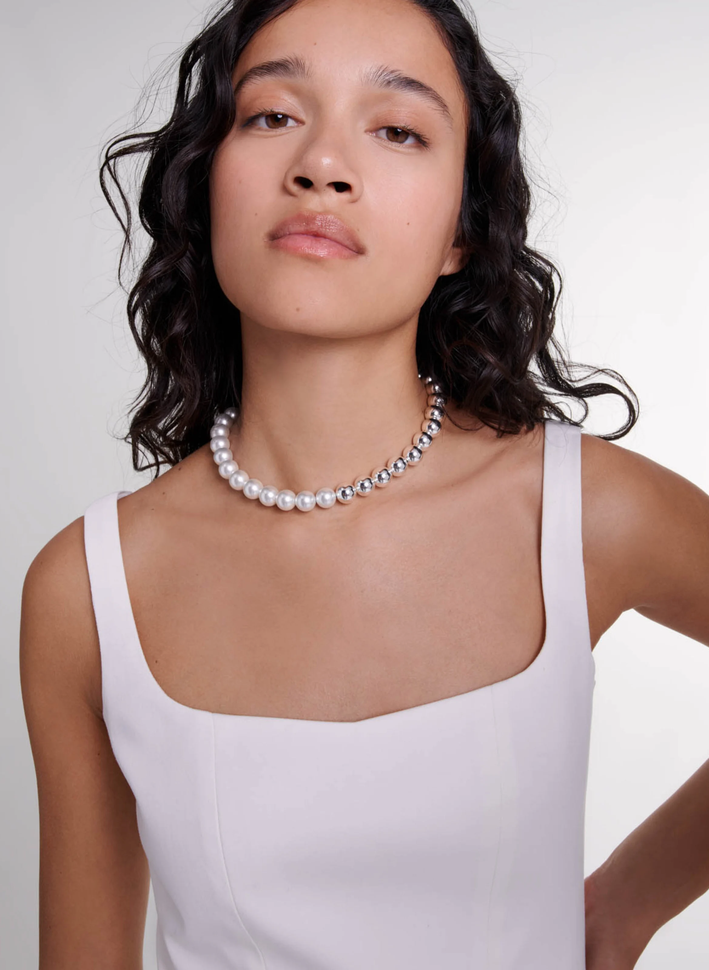 Robe courte évasée col carré en coton mélangé | Blanc