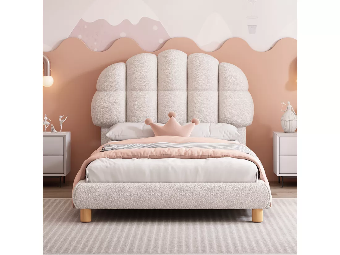Lit simple 90 x 200 cm avec tête de lit en motif carré, Sommier à lattes en bois, Velours, Blanc