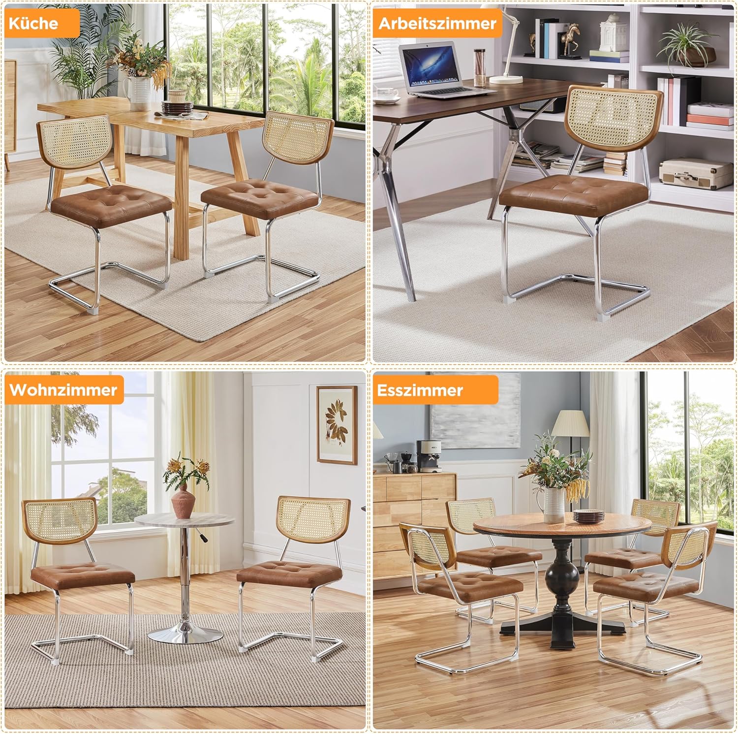 Yaheetech Küchenstuhl 2er Set Esszimmerstühle Rückenlehne aus Rattan Schwingstuhl aus Kunstleder Polsterstuhl fürs Esszimmer/Küche/Wohnzimmer/Restaurant, Retro-Braun