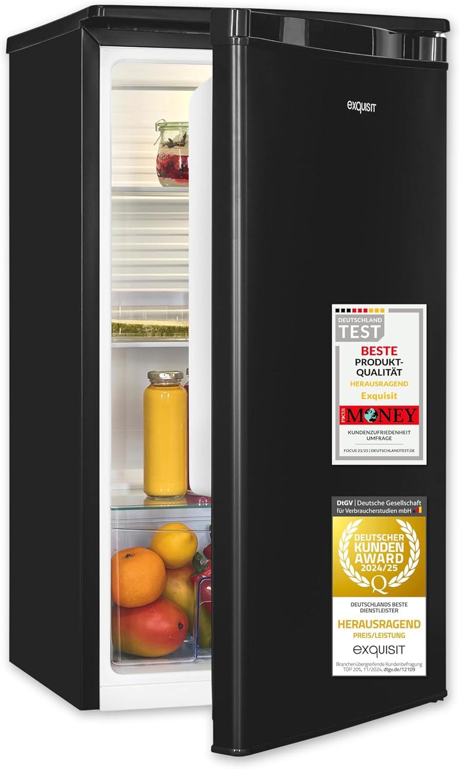 Exquisit Vollraumkühlschrank | 76 l Nutzinhalt, Energieeffizienzklasse E, 41 dB(A) | kompakt, LED-Innenbeleuchtung, manuelle Temperaturregelung, Glasablagen, Gemüseschublade | KS585-V-091E schwarz