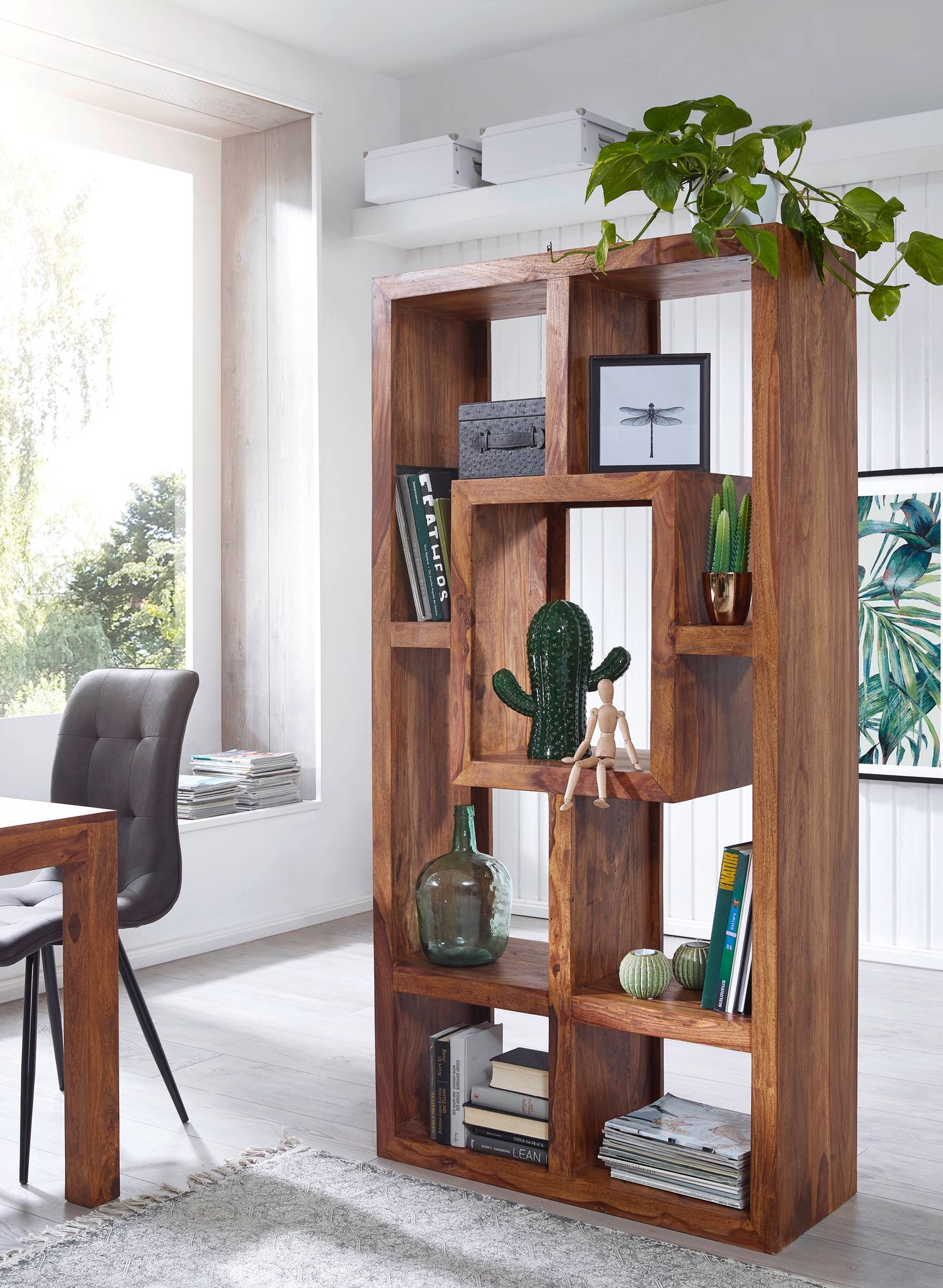 FineBuy Design Bücherregal Massiv Sheesham 180cm Massivholz Raumteiler Regal
