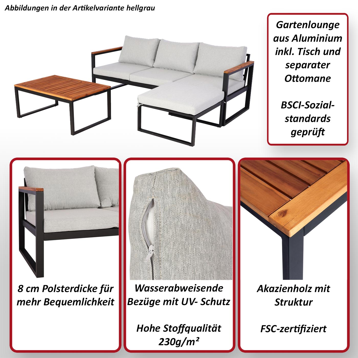 Garten-Garnitur MCW-L26b, Gartenlounge Sitzgruppe Lounge-Set Sofa, Aluminium Akazie Holz MVG-zertifiziert ~ hellgrau