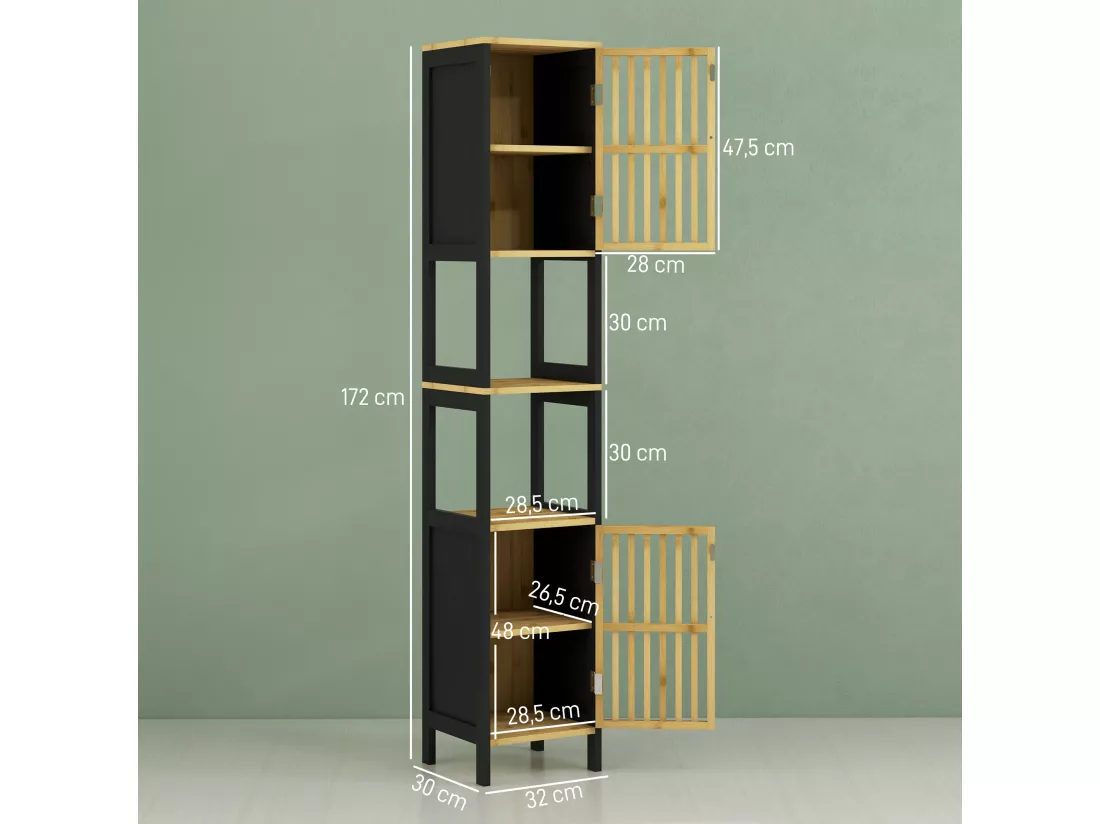Meuble colonne salle de bain 2 portes 4 étagères MDF noir bambou verni
