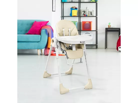 Chaise Haute Bébé Evolutive Pliable 2 en 1 en PP Hauteur et Angle Réglables avec Assiette,Plateau de Jeu Charge 20KG Beige