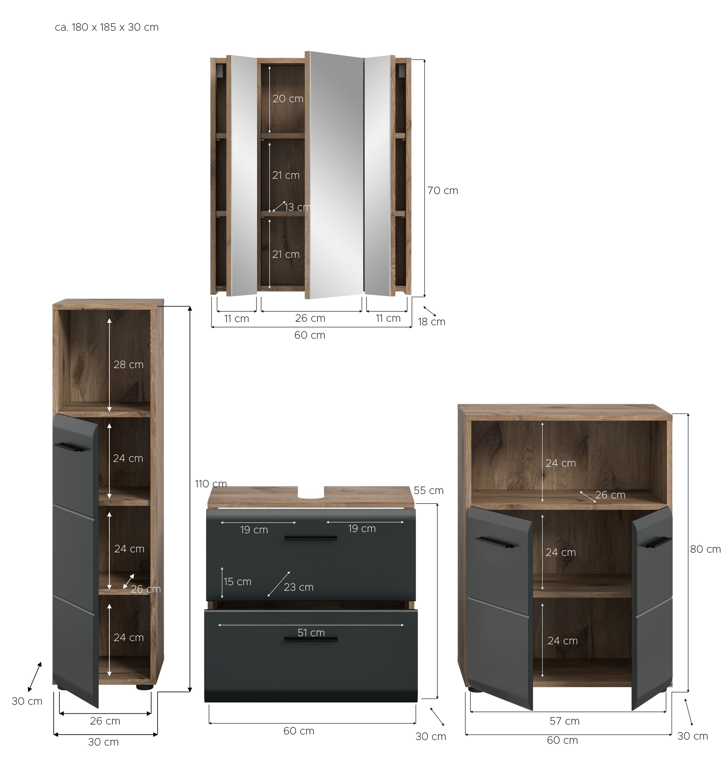 INOSIGN Badmöbel-Set »FLORENZ, TOPSELLER!, 4-teilige Badkombination, hochwertige MDF-Front« Set, Midischrank hoch, WBU, Spiegelschrank, Midischrank breit, 4 Stk. tlg.