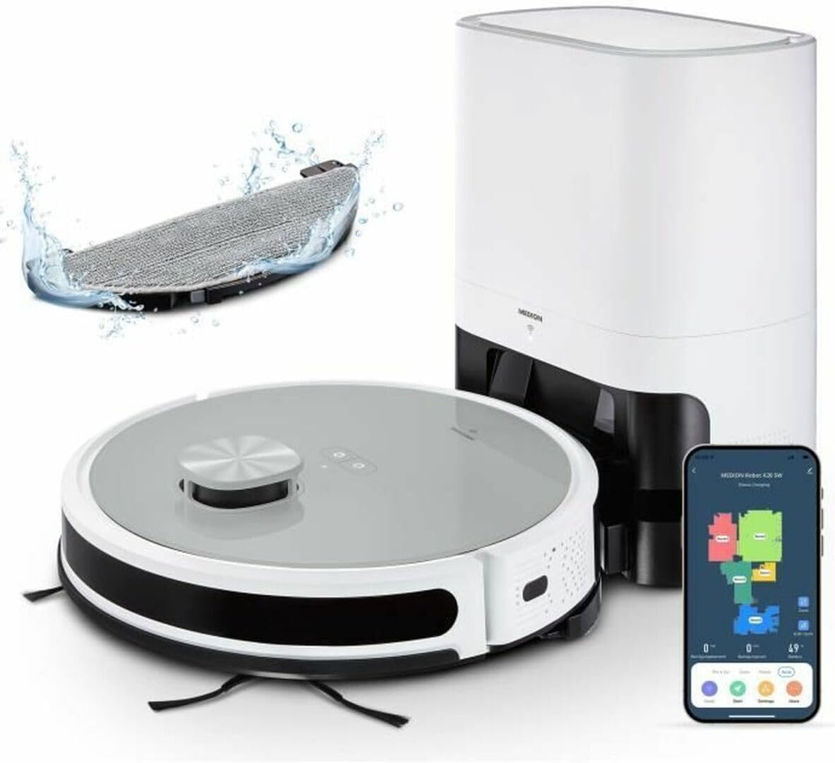 MEDION Saugroboter mit Absaugstation und Wischfunktion X21 SW (Lasernavigation, Starke 3000Pa Saugkraft, 2in1 Roboterstaubsauger, präzise Kartenerstellung, Go & No Go Bereiche, mehrere Etagen)