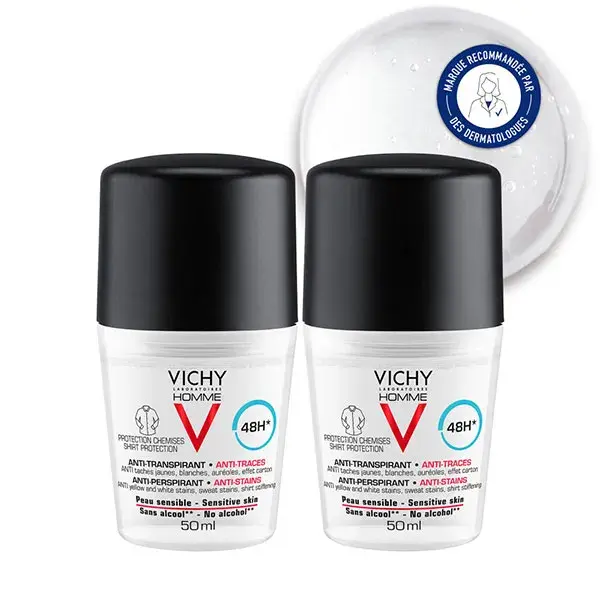 Desodorante antitranspirante e antimanchas Vichy Masculino Roll-On 48h, Pacote com 2 unidades de 50ml