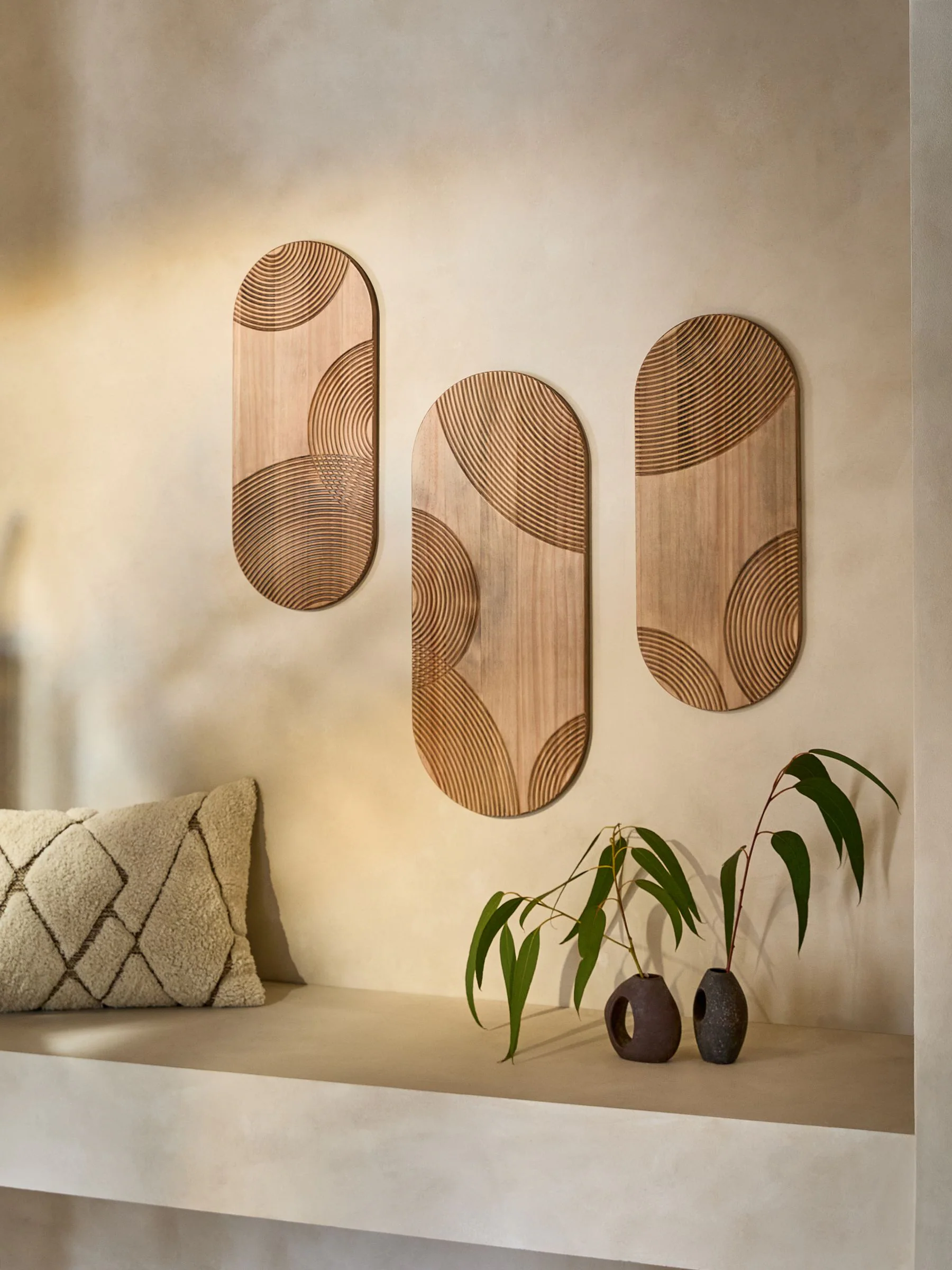 Set of 3 Wooden Global Carved Pill Wall Art